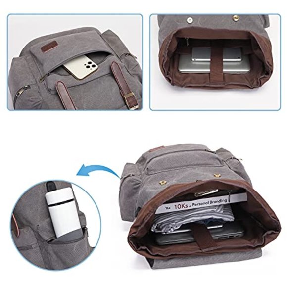 Mens Canvas Vintage Backpack for Men, Travel Laptop Backpack Fits 17/15.6 Inch - Picture 5 of 11